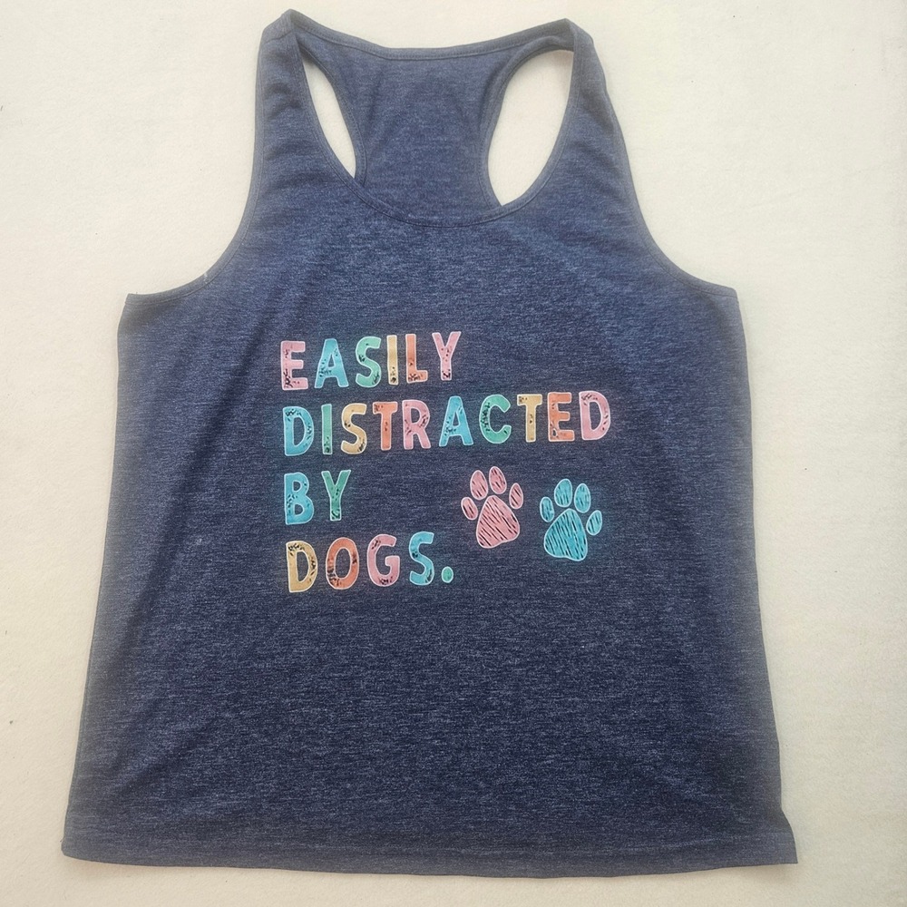 Unbranded Graphic Tank Top Womens Large Blue Excellent Easily Distracted By Dogs - Picture 1 of 5